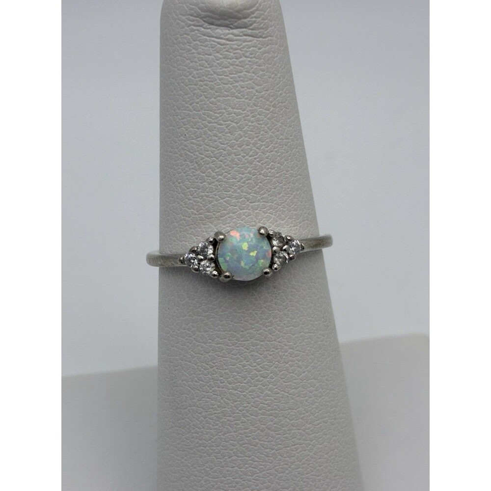 Dainty Round Opal Ring Signed 1BB CN 925 Sterling Silver Size 5.25 Slight Damage